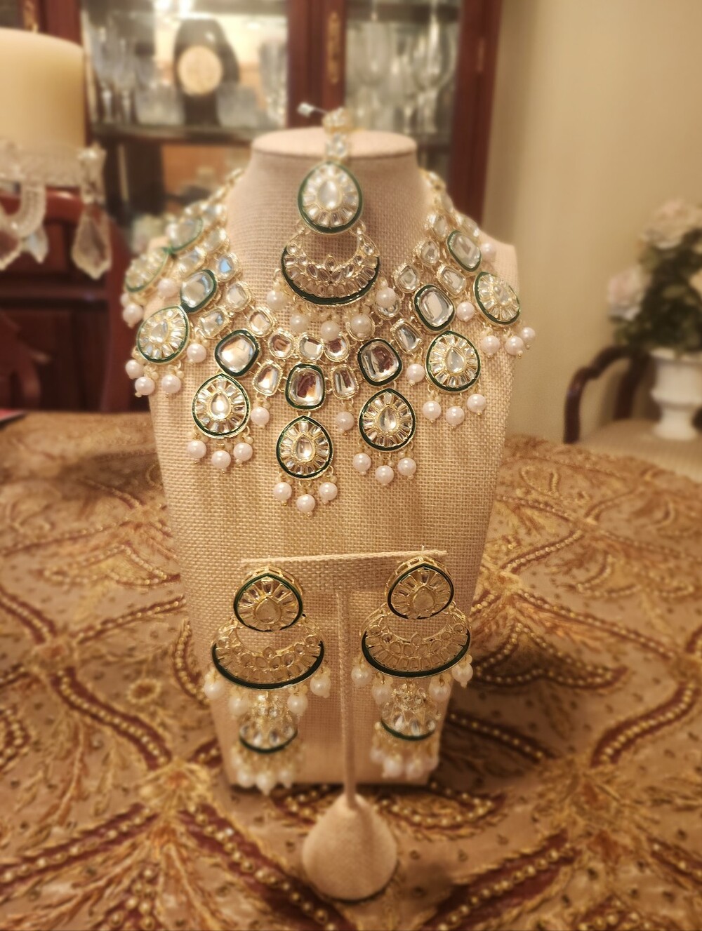Gold and Green Kundan Necklace with Pearl Drops - Women's Jewelry